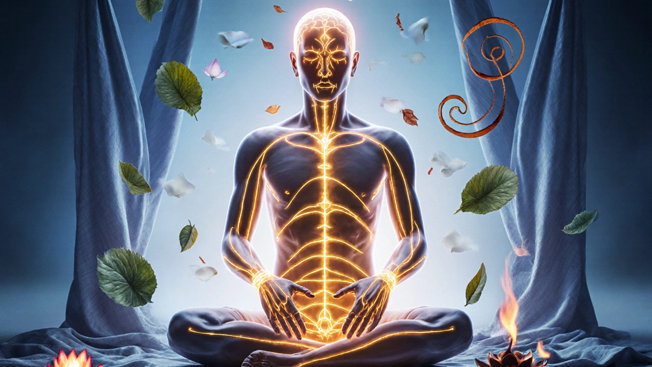 A human body with glowing energy lines, hands pressing along pathways, surrounded by herbal leaves and incense swirls in a serene abstract composition.