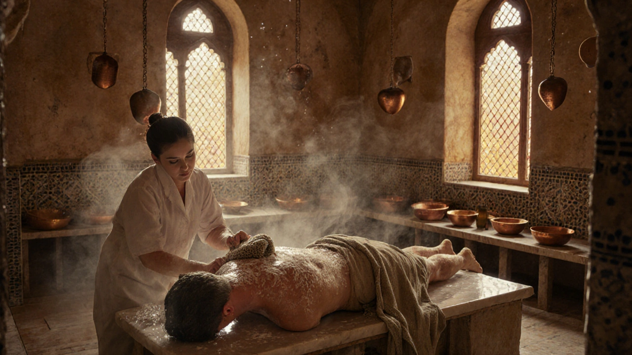 A person is scrubbed and massaged in a steamy Turkish hammam with marble and copper details.
