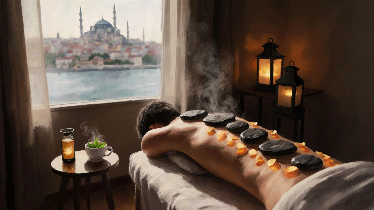 A quiet Kadıköy massage room with hot stones on a client's back, mint tea steaming nearby, soft ambient light.
