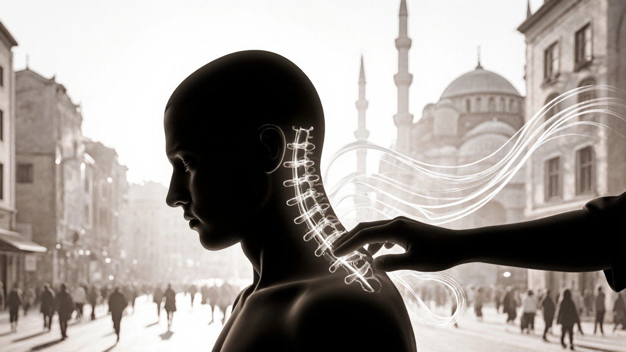 A silhouette releases tension as hand-shaped waves of pressure dissolve stress along the spine.