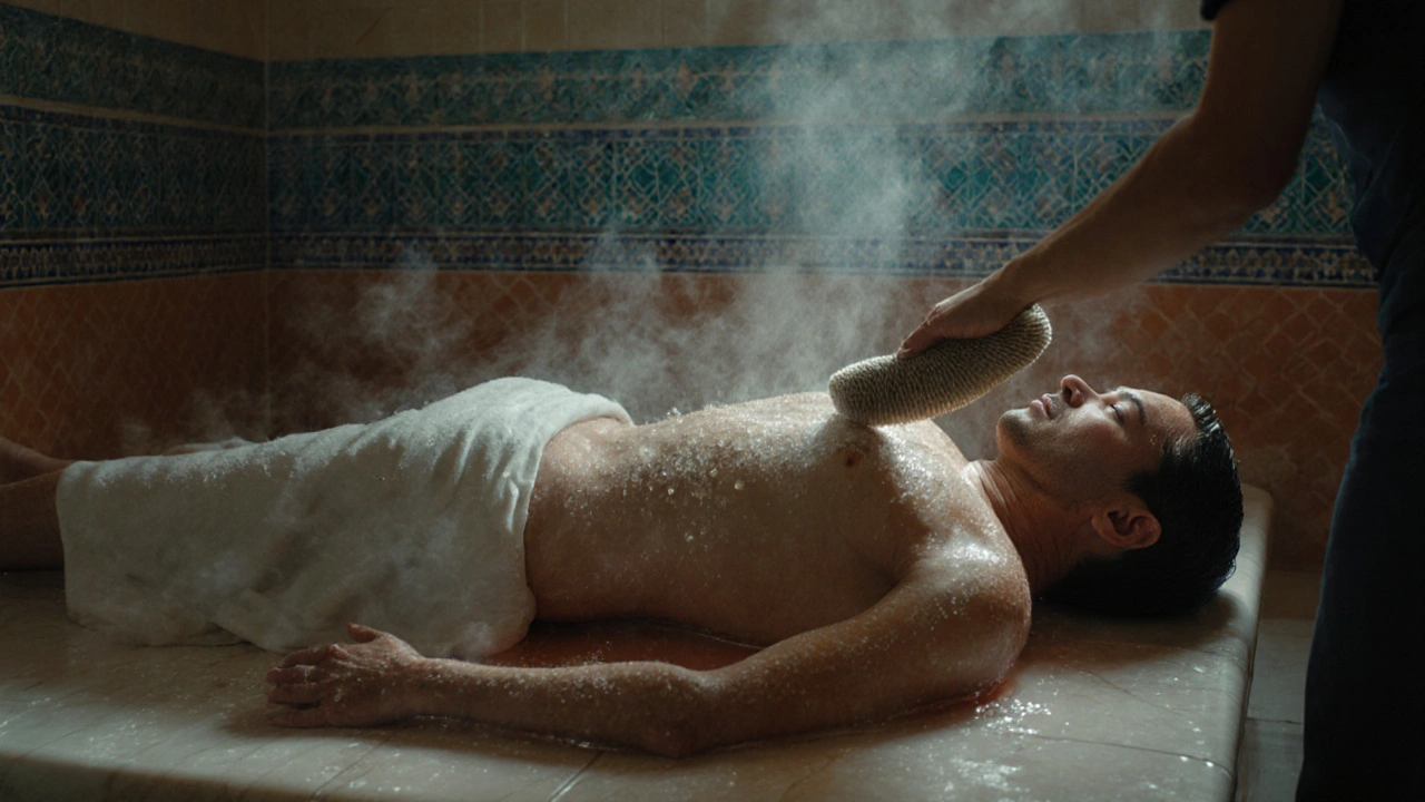 A steamy Turkish hammam where a therapist scrubs a guest's skin on a warm marble slab.