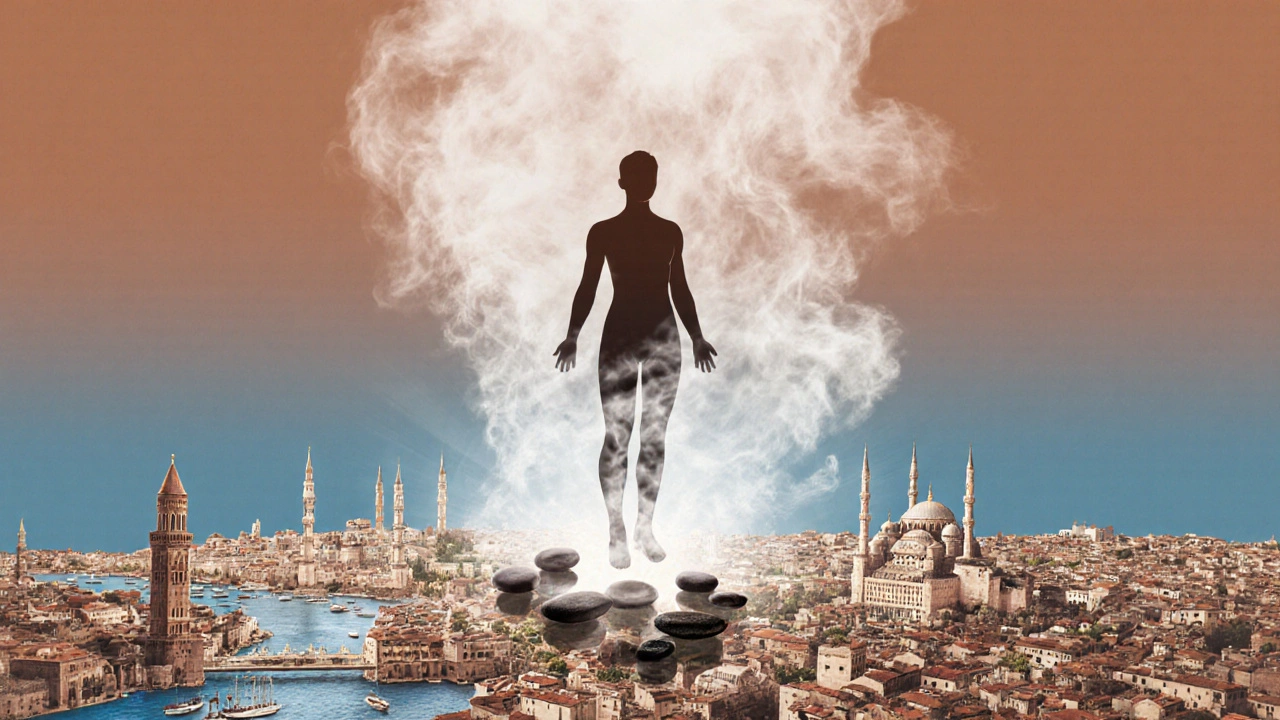 A symbolic representation of Istanbul’s ancient hamam traditions blending with modern massage therapies.