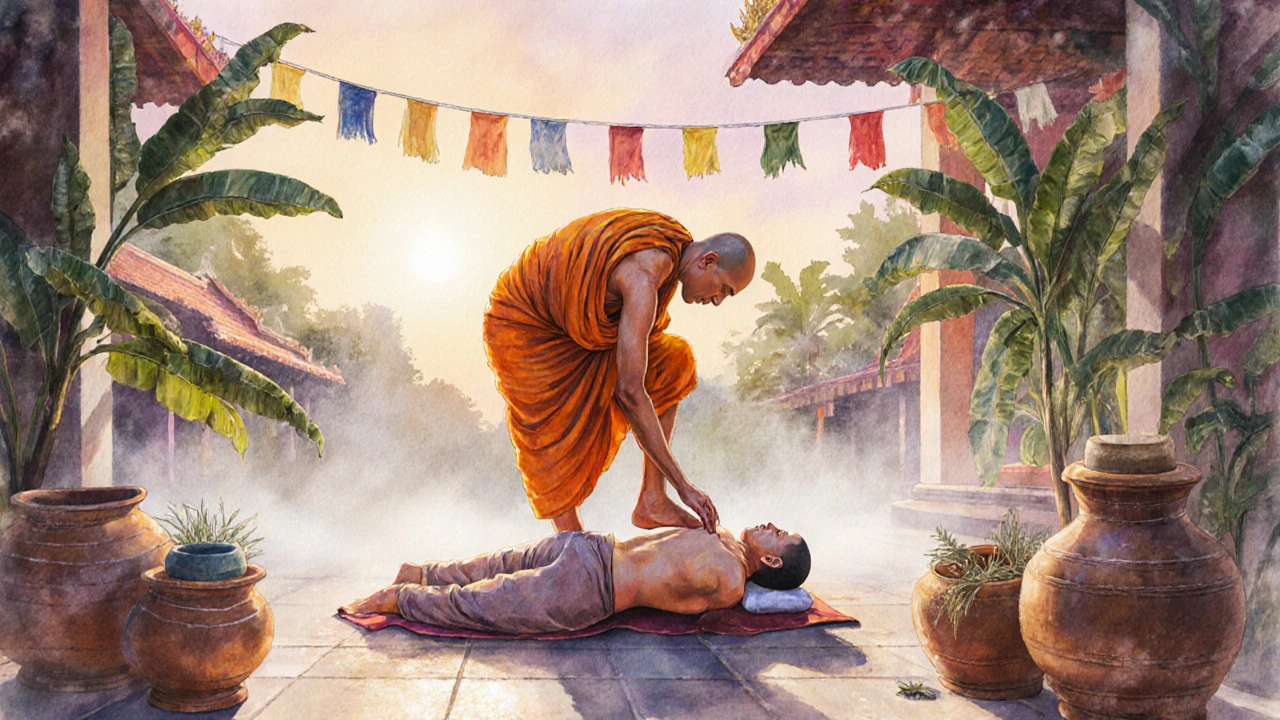 A Thai monk performing traditional massage on a patient in a temple courtyard at sunrise, surrounded by herbal compresses and prayer flags.