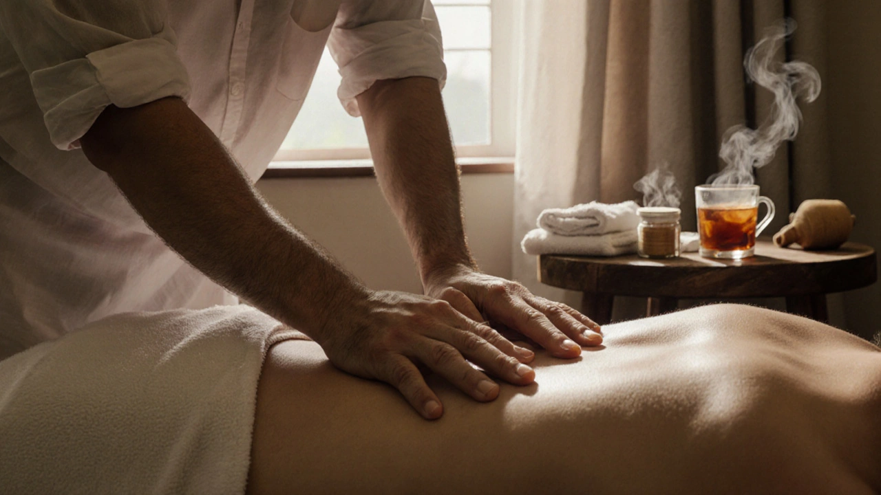 A therapist uses precise hand pressure on a client's back in a simple, traditional Turkish massage room.
