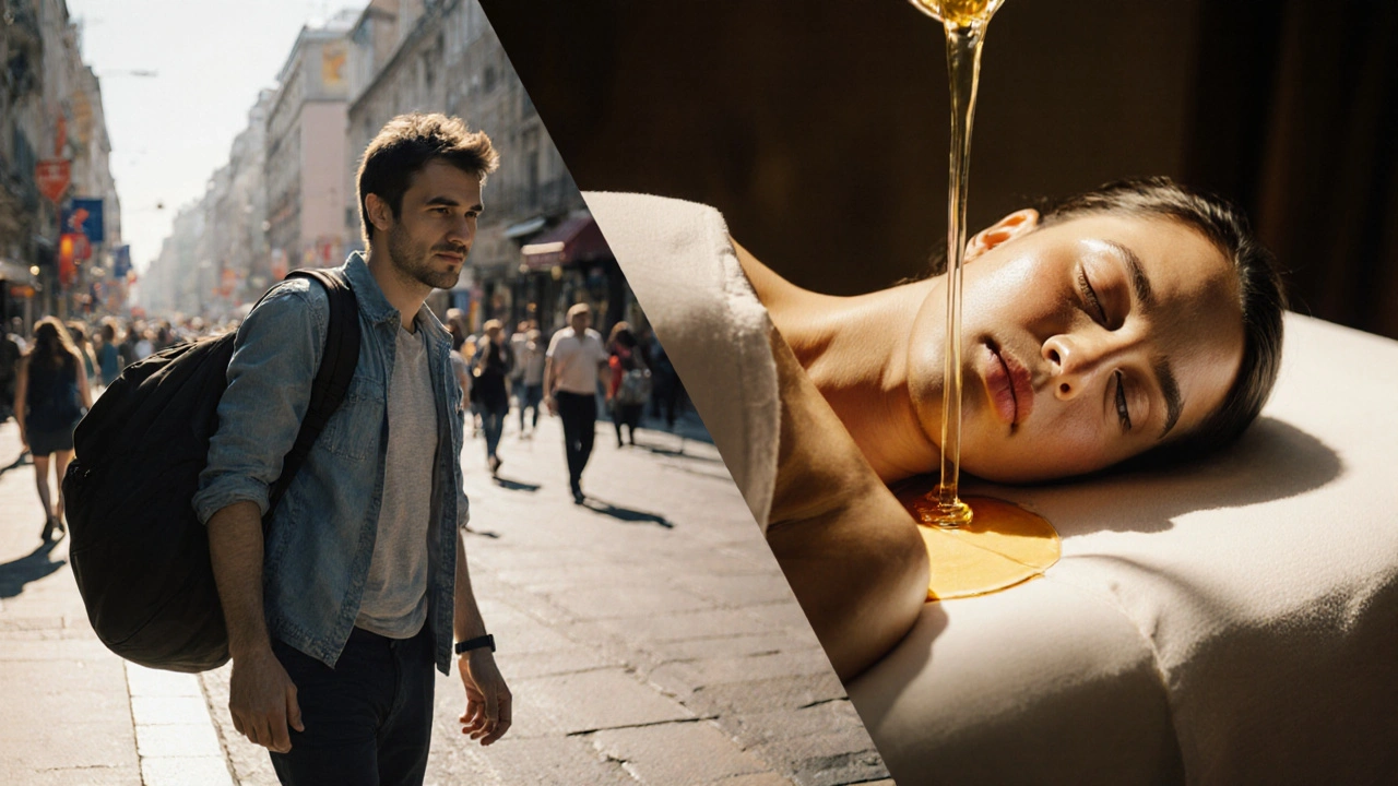A traveler transformed from stress to serenity, shown in split image between busy street and calm massage.