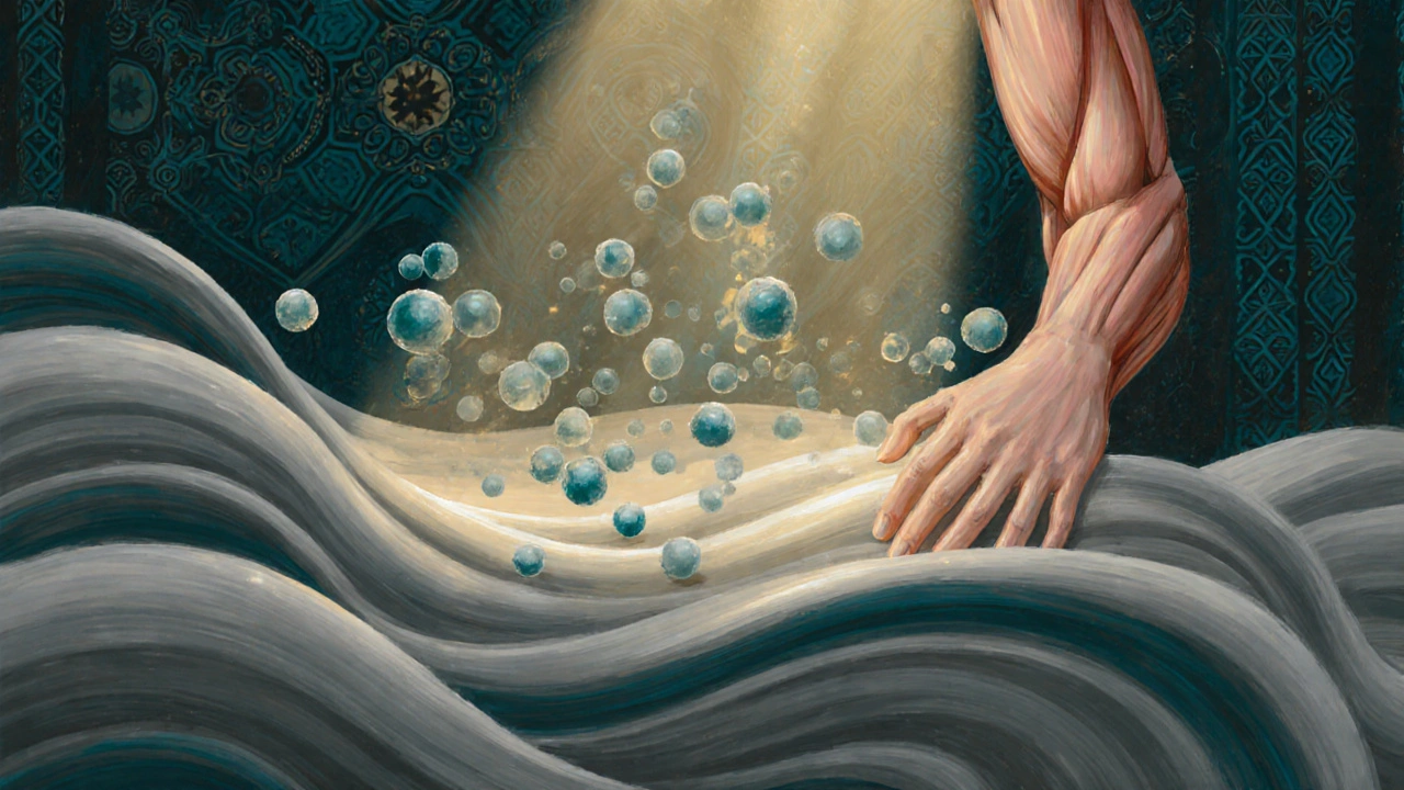 Abstract illustration of stress fading as gentle light hands apply soothing therapy.