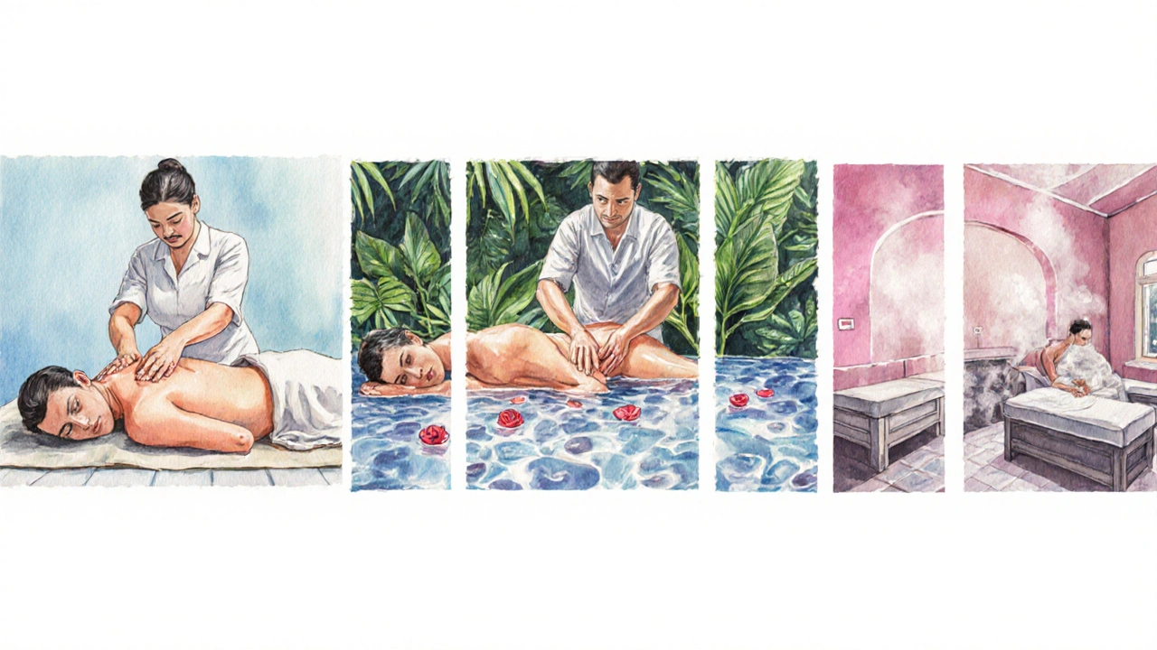 Artistic collage showing five different Istanbul massage styles in distinct settings.