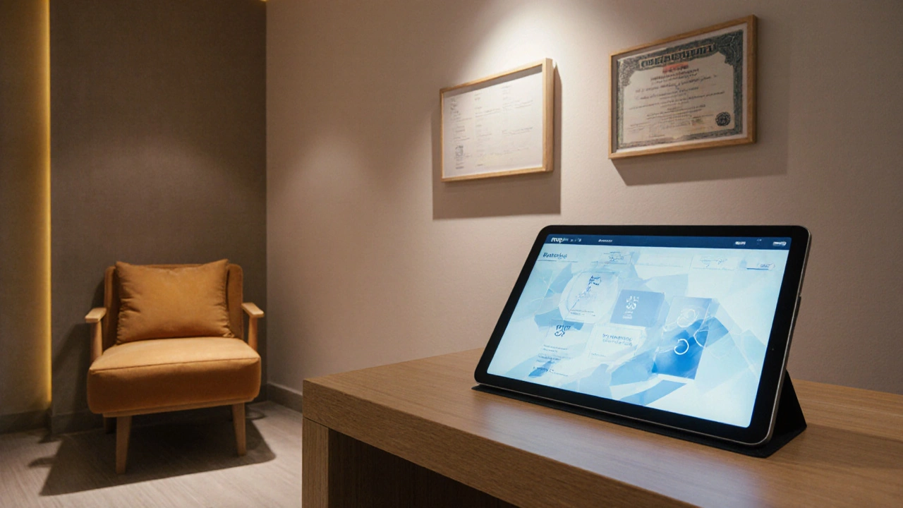 Calm reception area featuring a booking tablet and a displayed therapist license.