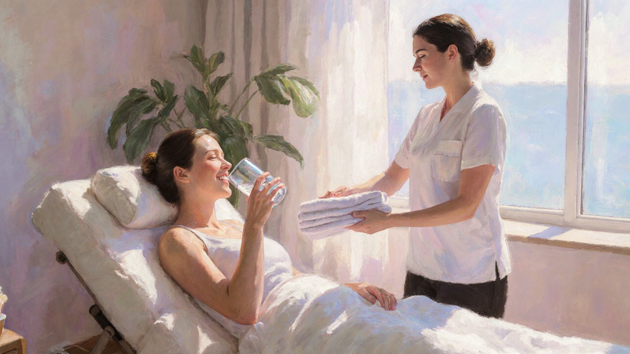 Client relaxing on a lounge after a massage, sipping water while therapist offers a towel.