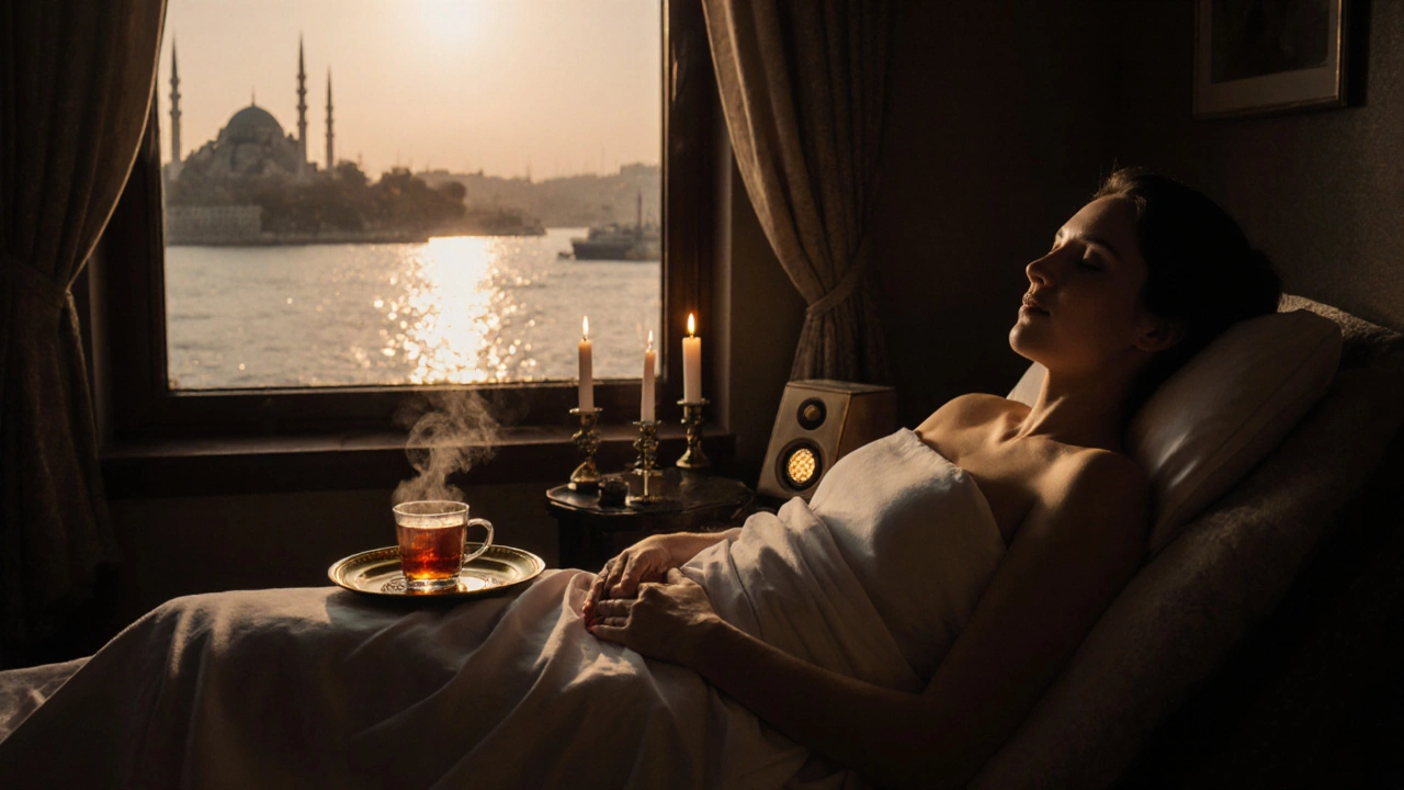 Client resting after a spa session, sipping Turkish tea, with sunset view of the Bosphorus.