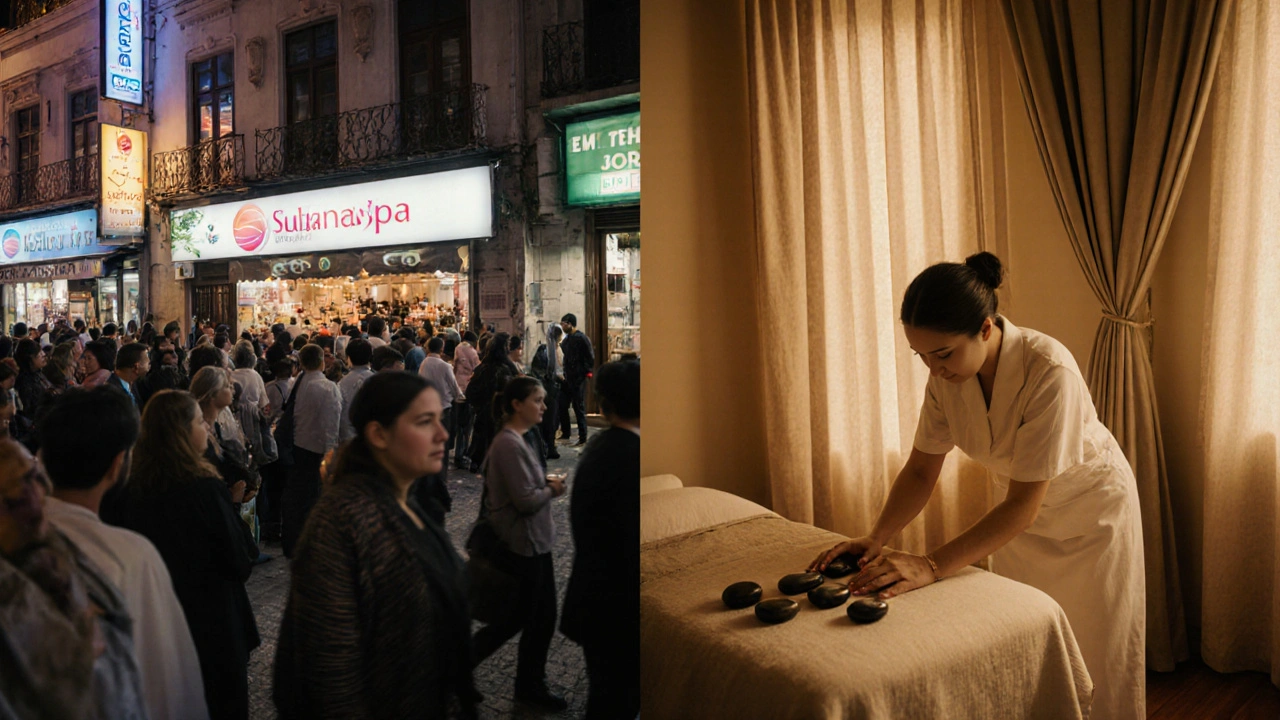 Contrasting massage scenes: chaotic tourist spa vs. peaceful local spa with natural elements and calm atmosphere.