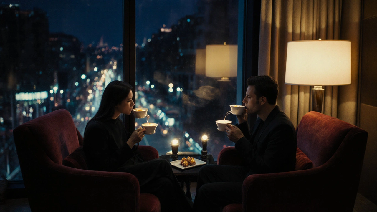 Couple relaxing in a lounge area after a session, sipping tea beside a night city view.