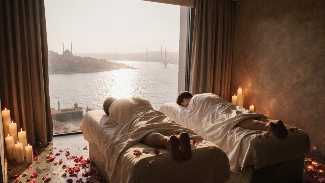 Couples enjoying a candlelit massage side by side in a luxurious Istanbul spa with rose petals and Bosphorus views.