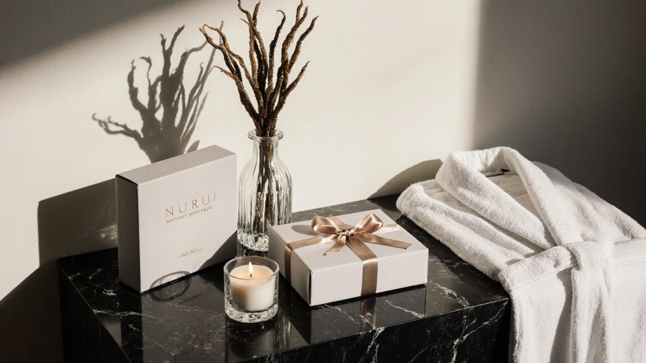 Elegant wrapped gift box with spa accessories hinting at a Nuru massage gift.