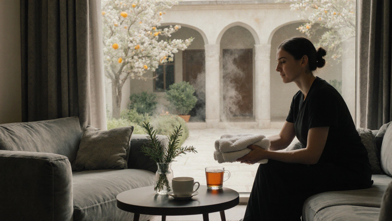 Guest receiving a towel in a calm spa lounge with tea and greenery.