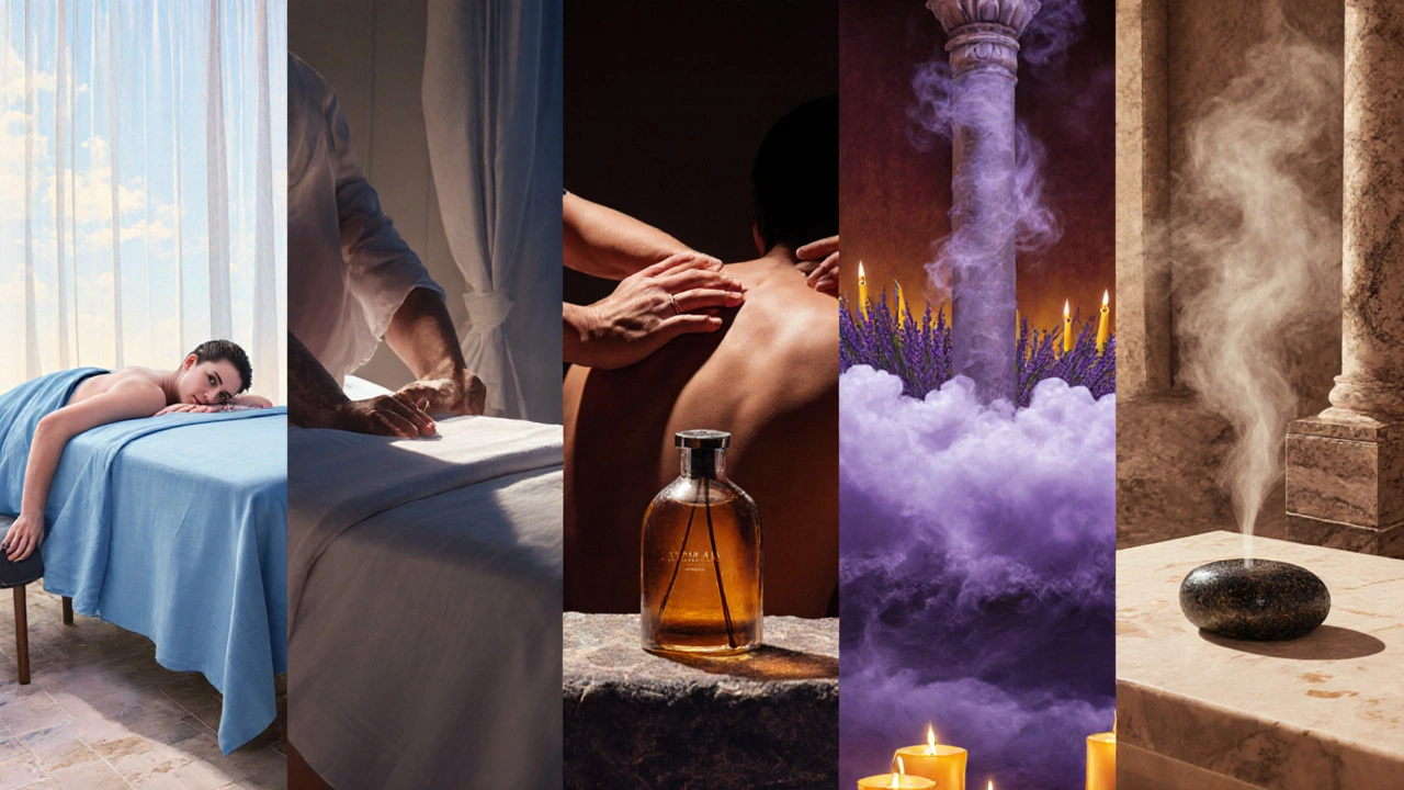 Illustration of five massage types: Swedish, deep tissue, aromatherapy, hammam, and hot stone.