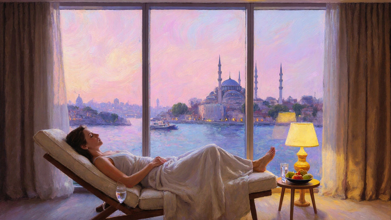 Impressionist lounge scene showing a relaxed client after a massage with Istanbul skyline at sunset.
