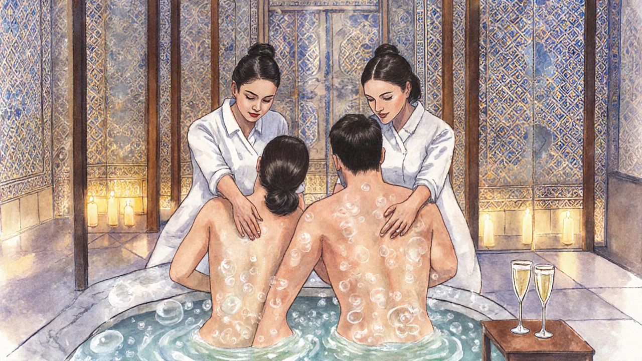 Luxurious Istanbul spa interior with Ottoman tiles, heated marble floor, and couples Nuru session.