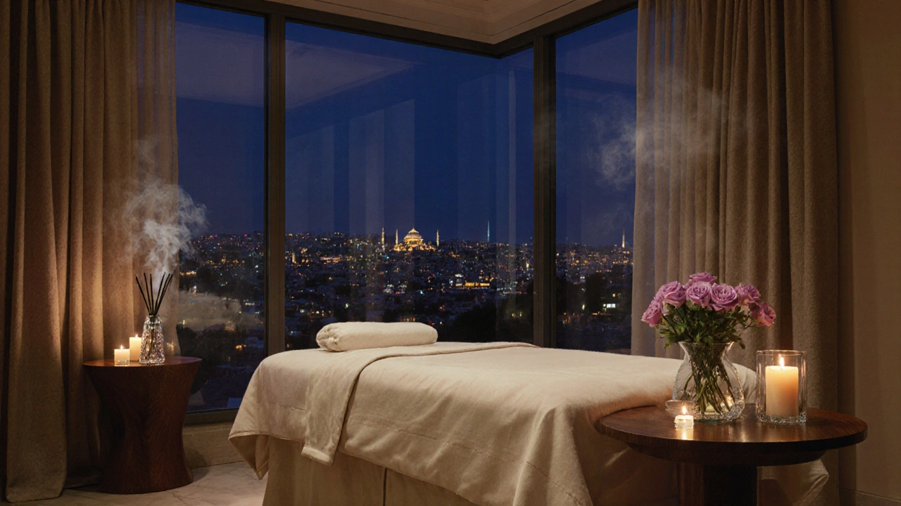 Luxurious spa interior with candles, lavender oil bottle, and an empty massage table.