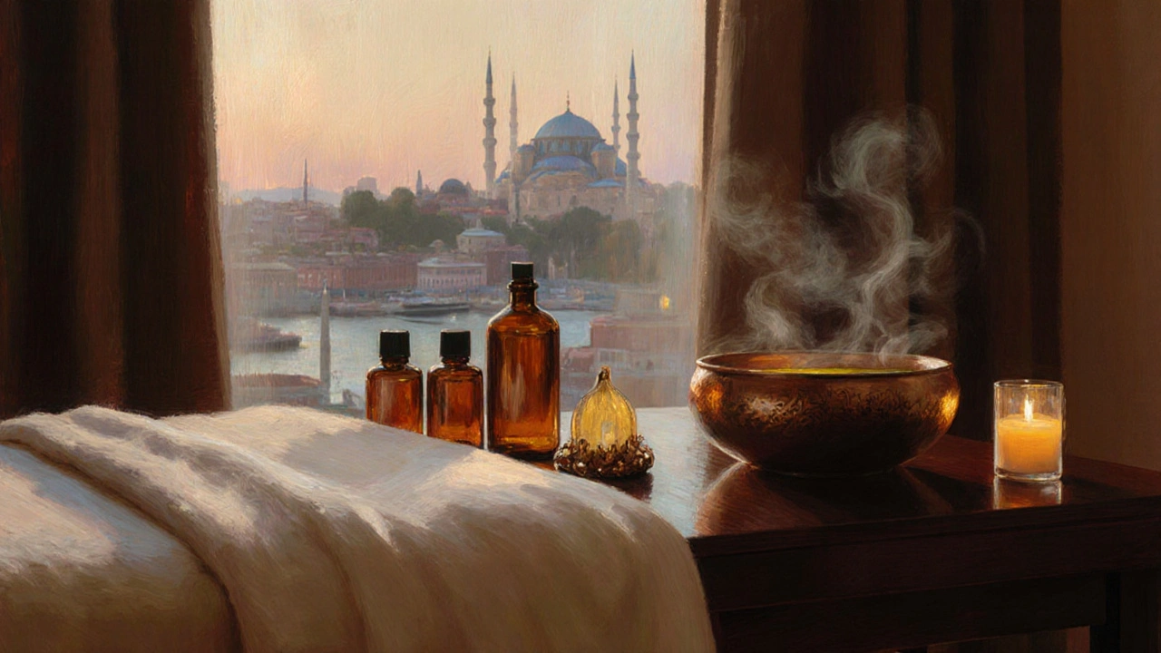 Luxurious spa room with candles, oil bottles, and soft linens ready for massage.