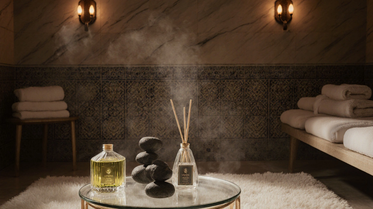 Luxurious spa suite prepared with Turkish olive oil, basalt stones, diffuser, silk towels and ambient lighting.