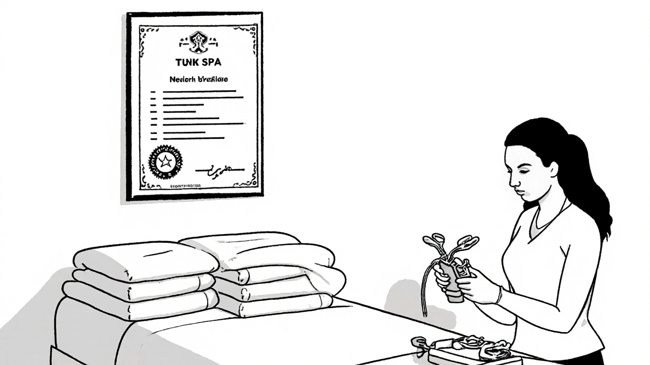 Minimalist line drawing of a spa treatment room showing a license and clean linens.