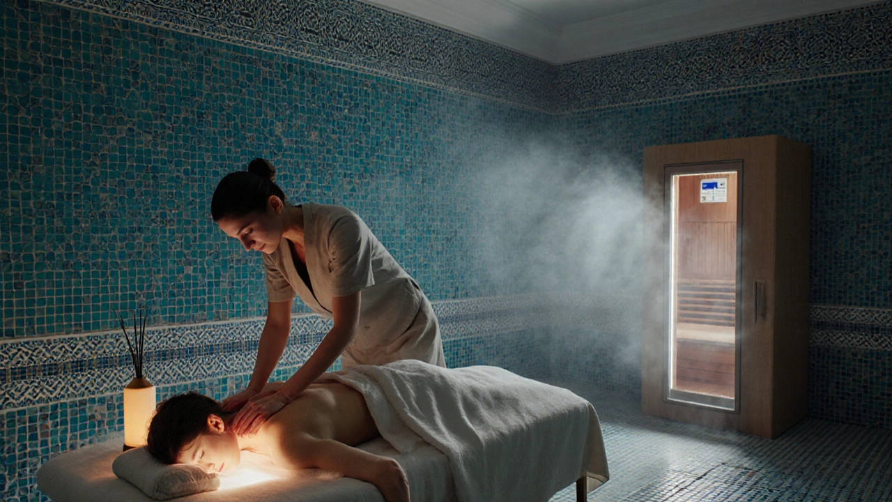 Modern Turkish spa blending hammam tiles, infrared sauna, and massage.