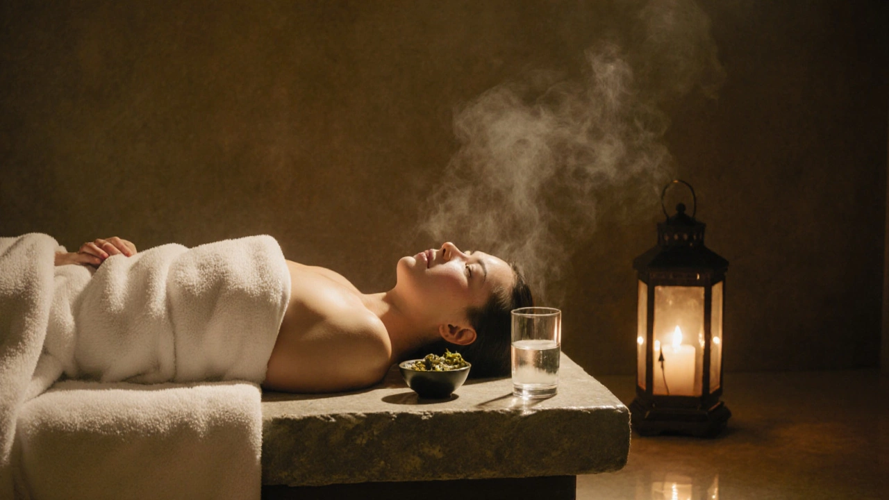 Person wrapped in a towel after nuru massage, tear on temple, in peaceful stillness.