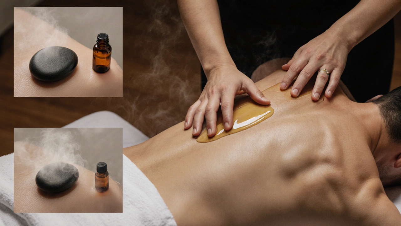 Photorealistic image of a therapist giving a full body massage with hot stones and oils.