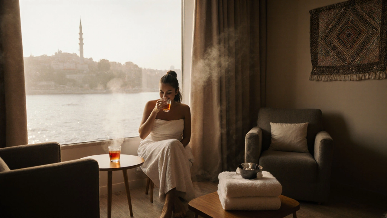 Relaxed client sipping tea in a sunlit post‑massage lounge overlooking the Bosphorus.
