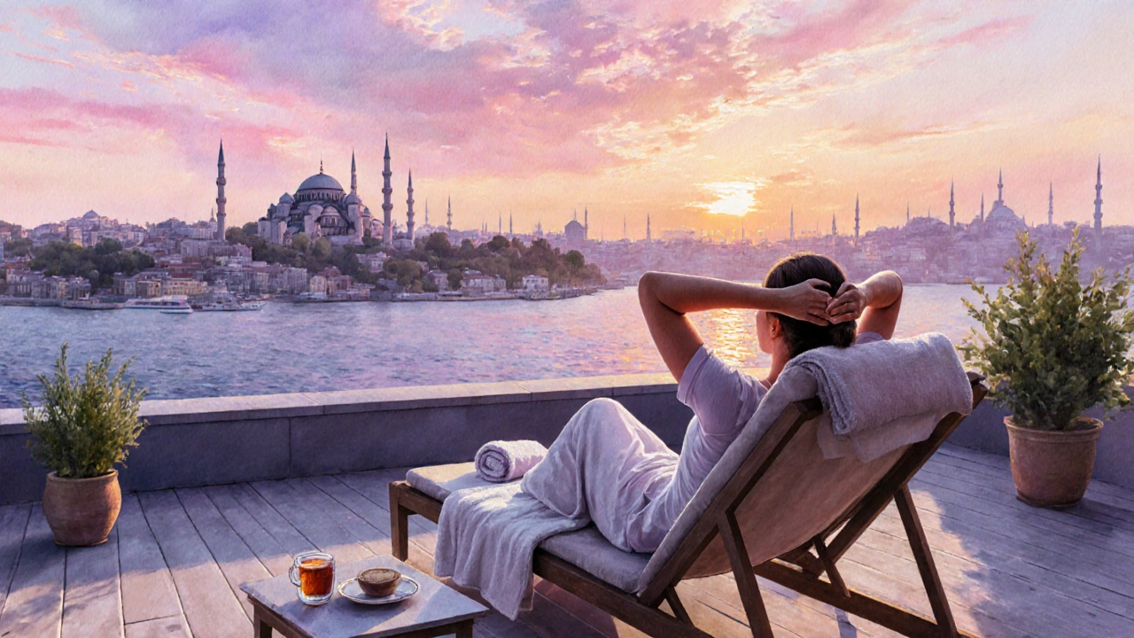 Relaxed visitor enjoying a sunset rooftop view after a massage in Istanbul.