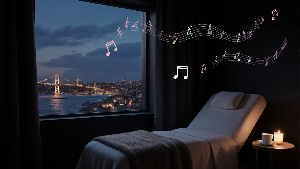 Relaxing lounge with city skyline view, chaise lounge, tea cup, candle, and calm atmosphere.