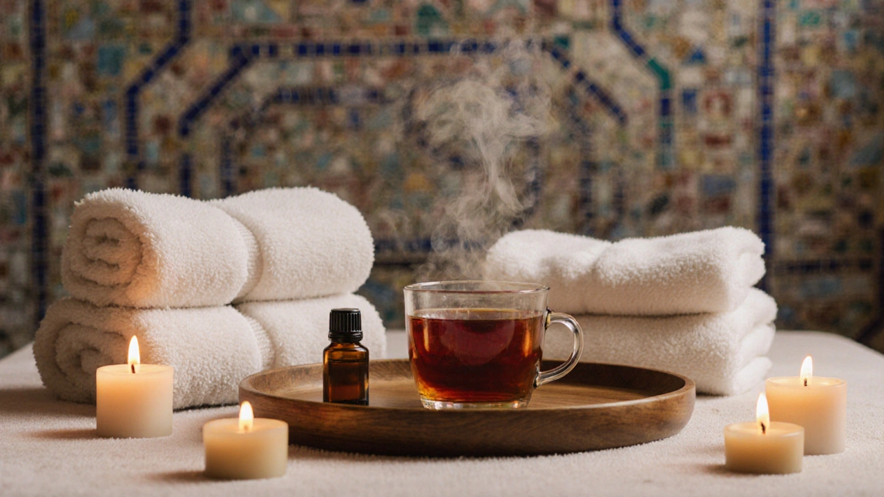 Relaxing post‑massage scene with tea, essential oil, towels and candlelight on Turkish tiles.