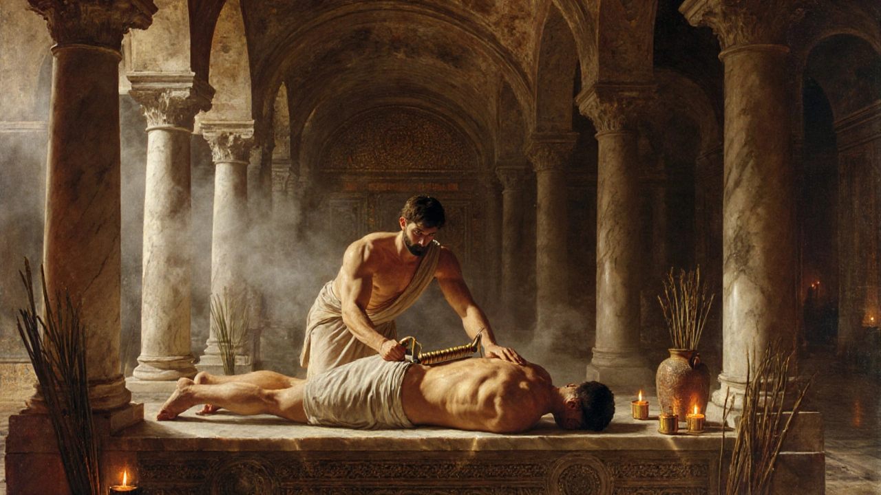 Roman bathhouse scene with a slave using a bronze roller on a patron.
