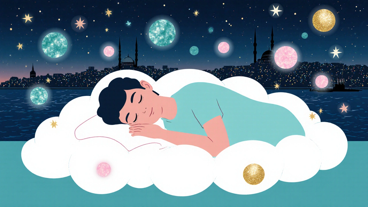 Silhouette of a relaxed person drifting into sleep with glowing wellness aura over Istanbul skyline.