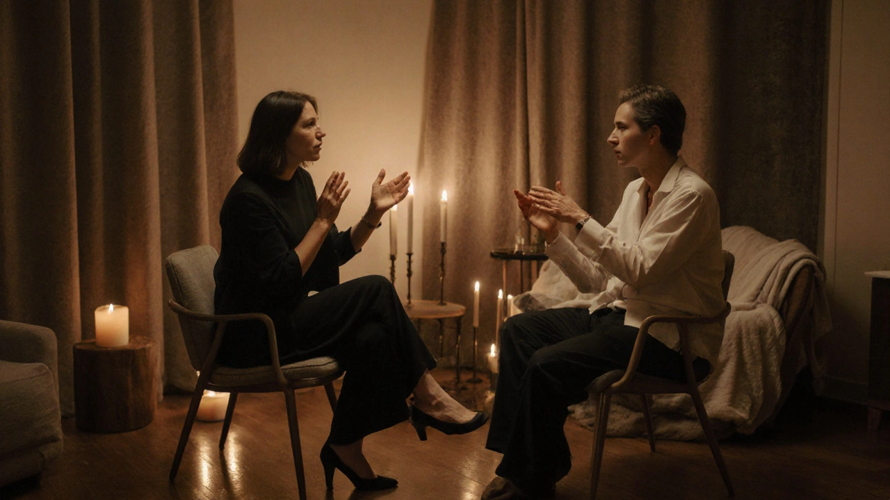 Therapist and client discussing boundaries in a cozy, candlelit studio corner.