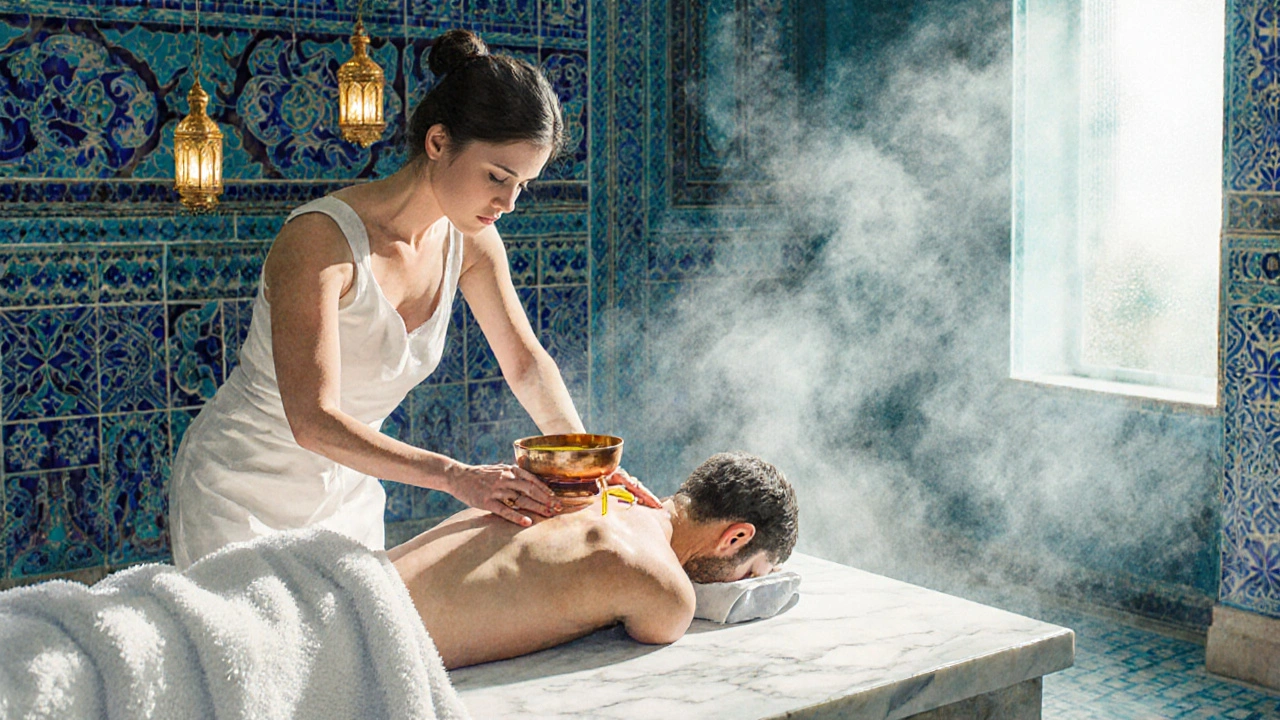 Therapist giving an oil massage in a steamy Hammam with turquoise tiles.