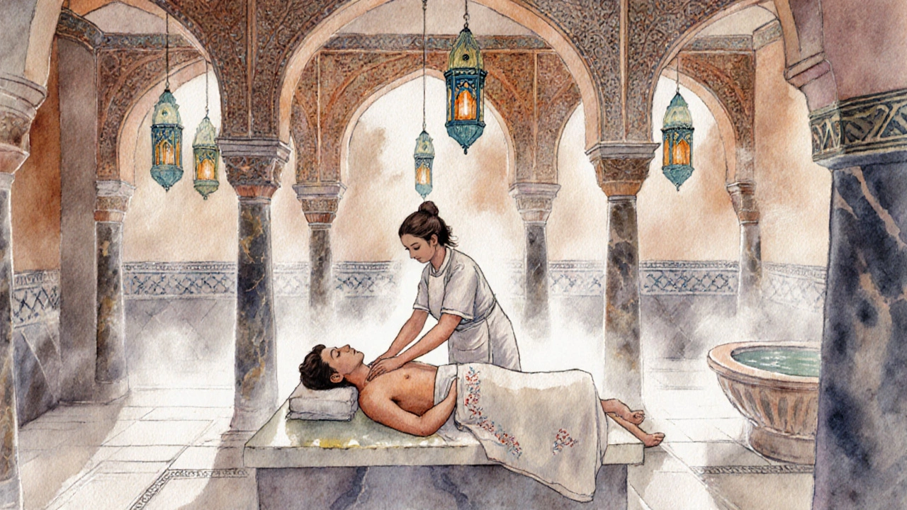 Therapist giving an oil massage to a client inside a steamy Turkish hammam.