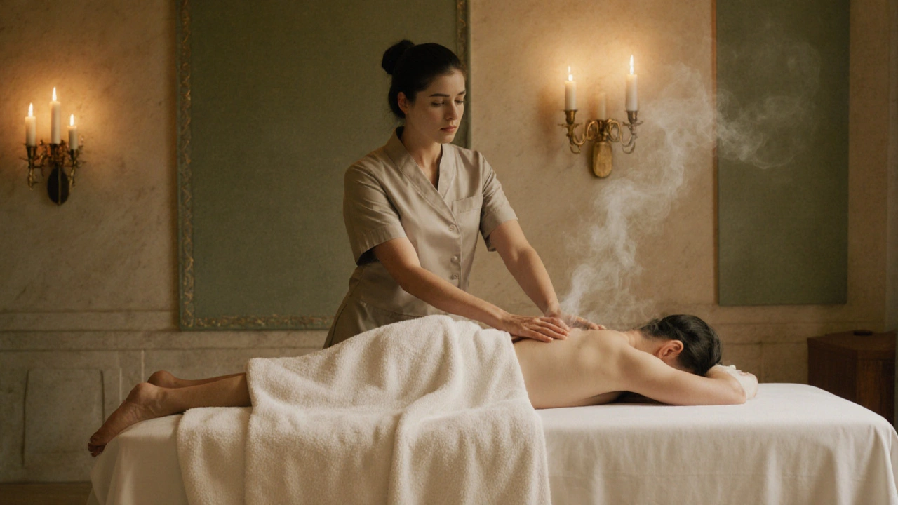 Therapist performing a Swedish massage in a cozy, dimly lit spa room.