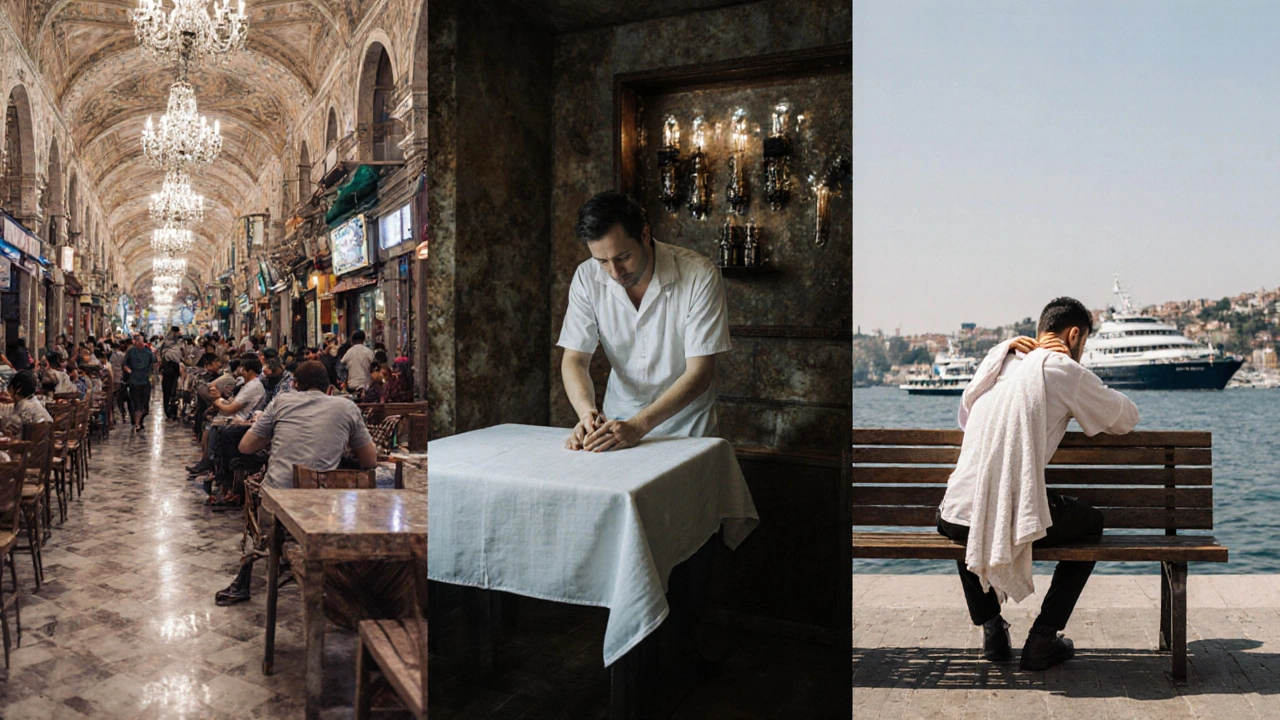 Three scenes show contrasting massage experiences in Istanbul: tourist spa, local shop, and ferry-side massage.