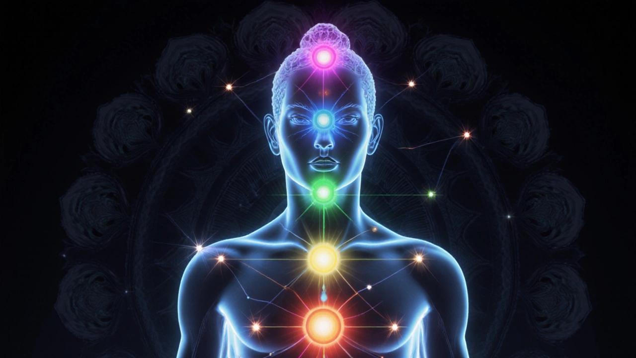 Translucent silhouette showing glowing chakras and luminous pressure points along the body.