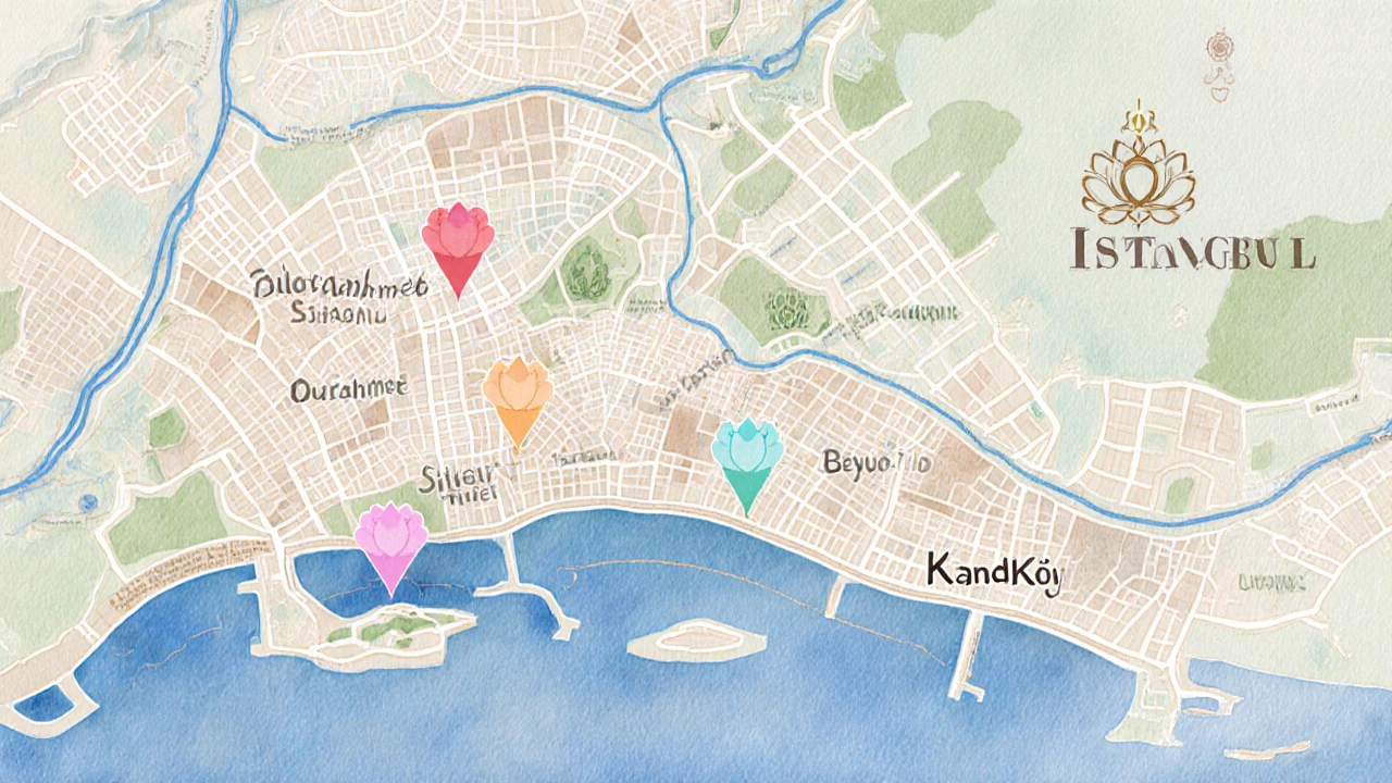 Watercolor map of Istanbul highlighting Sultanahmet, Beyoğlu, and Kadıköy with lotus pins.