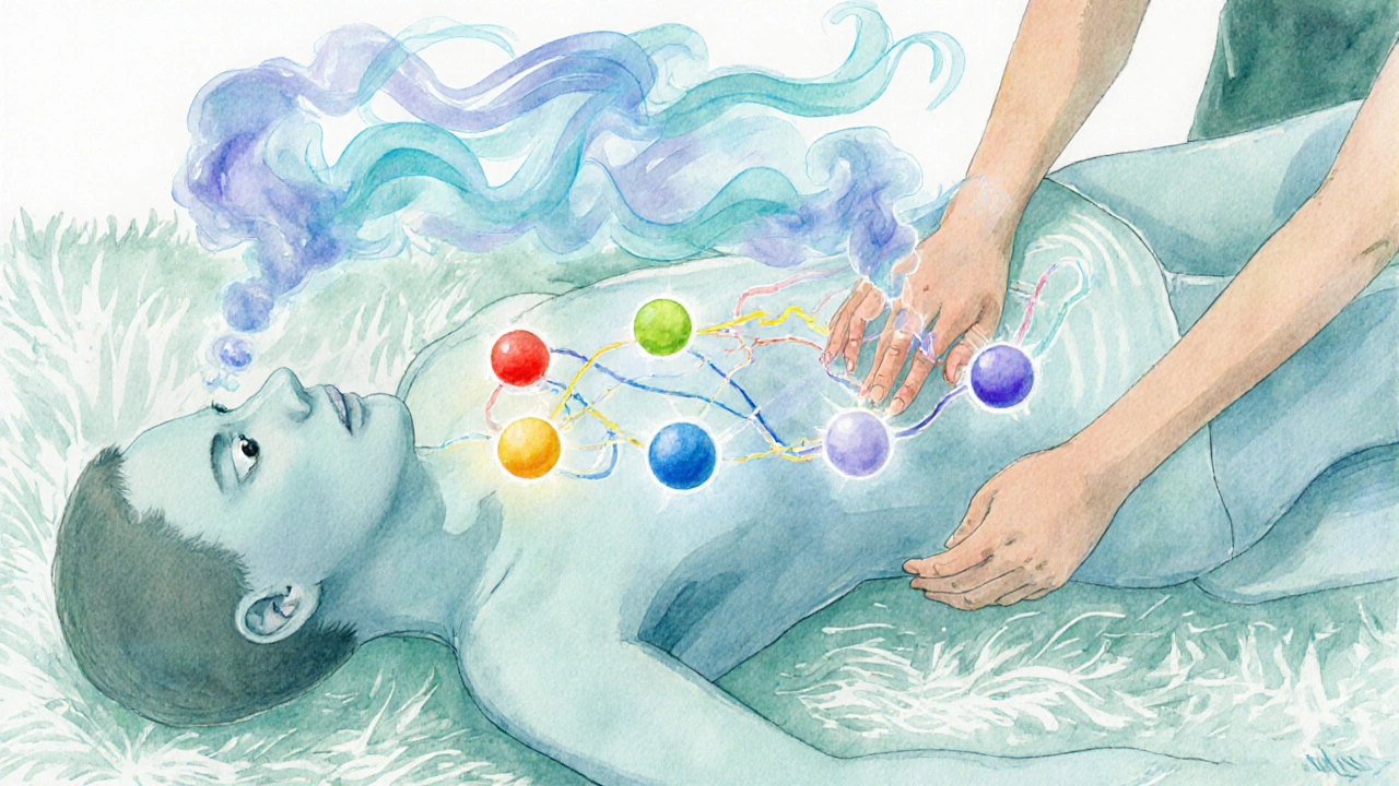Watercolor of a figure with glowing chakras and a therapist tracing energy lines.
