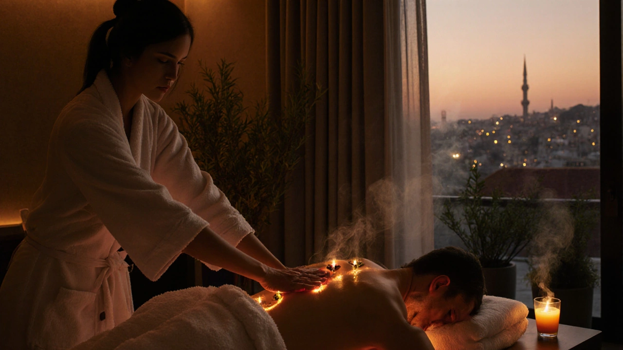 A client receives a soothing massage in a modern Istanbul spa with warm lighting and herbal tea.