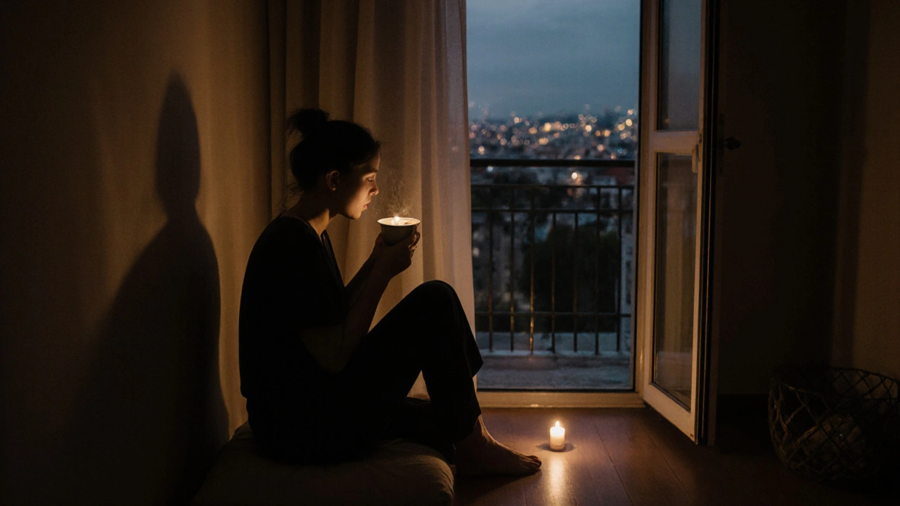 A client sipping tea after a massage, sitting peacefully in a cozy apartment with a flickering candle.
