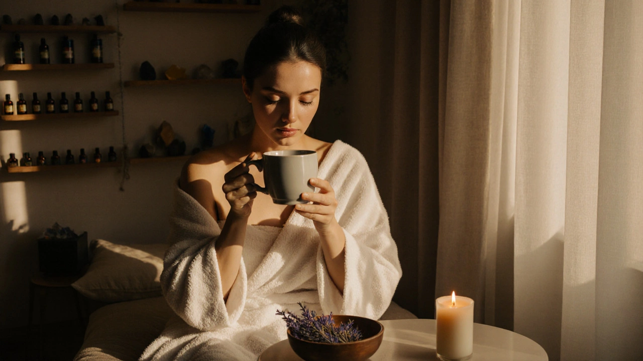 A client wrapped in a towel, drinking tea in a calm studio, golden light streaming through curtains, lavender and candles nearby.