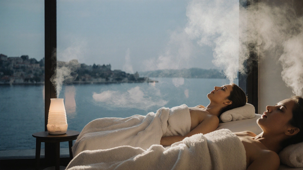 A couple relaxing together on massage tables with a view of the Bosphorus.