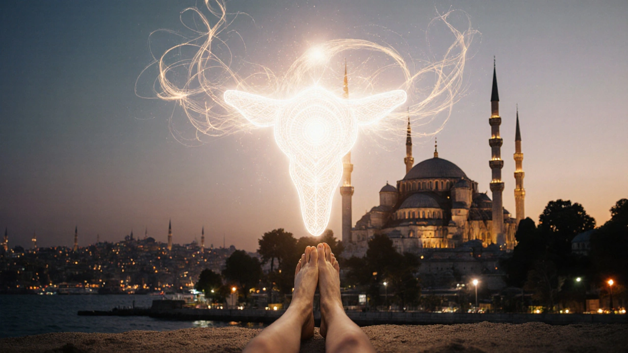 A glowing sacred mandala of energy rises from a woman&#039;s feet, blending spiritual symbolism with Istanbul&#039;s skyline at dusk.
