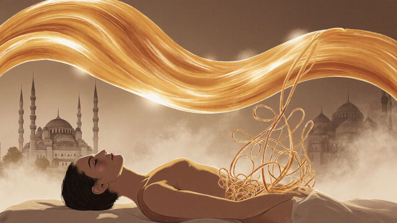 A human figure being soothed by a golden, honey-like wave that unwinds stress cords from their spine in a serene, surreal scene.