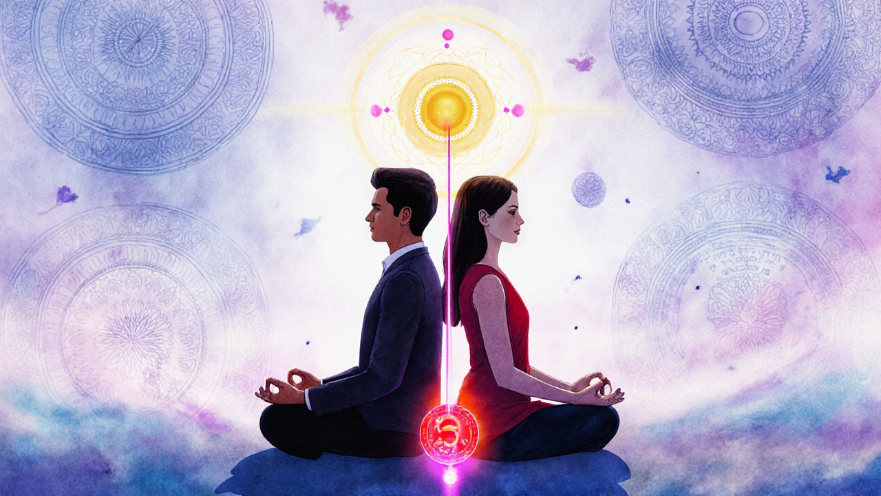 A man and woman meditating back-to-back with glowing energy lines connecting their pelvic regions to a shared golden circle.